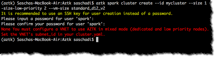 You must configure a VNET to use AZTK in mixed mode (dedicated and low priority nodes)